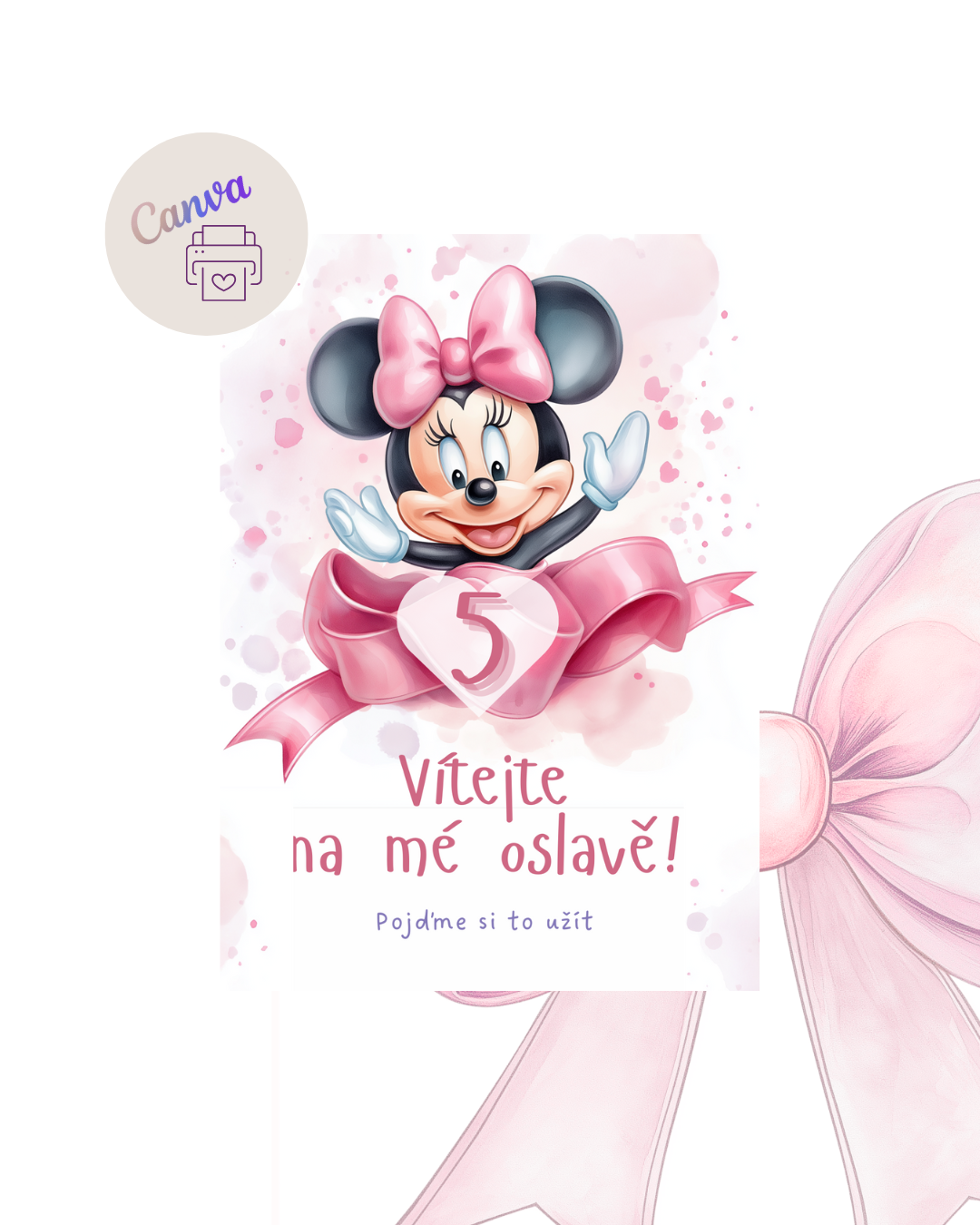 Digitální nebo tištěná pozvánka – Myška Minnie v růžové barvě