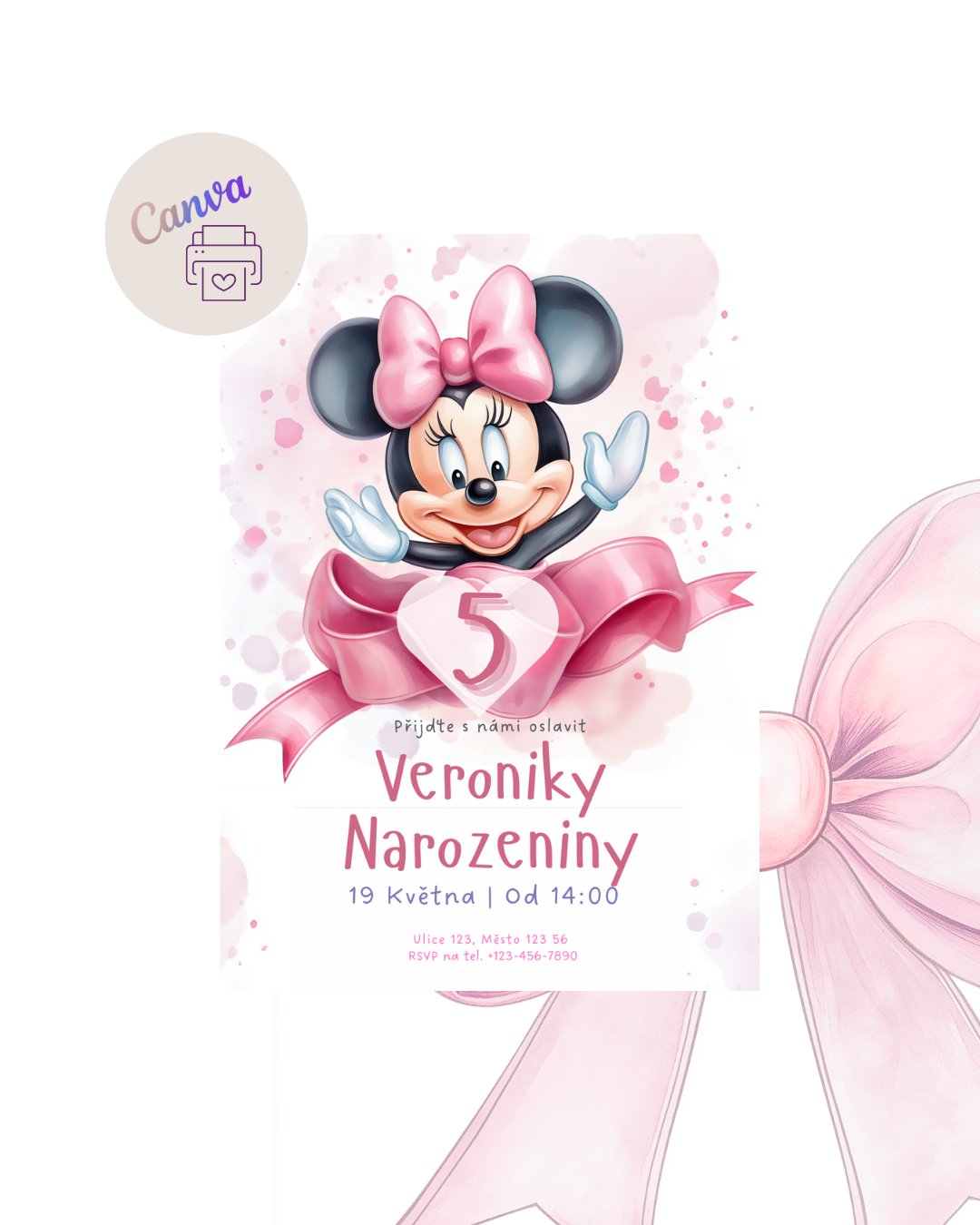 Digitální nebo tištěná pozvánka – Myška Minnie v růžové barvě
