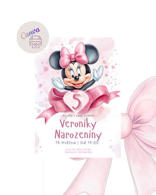 Digitální nebo tištěná pozvánka – Myška Minnie v růžové barvě