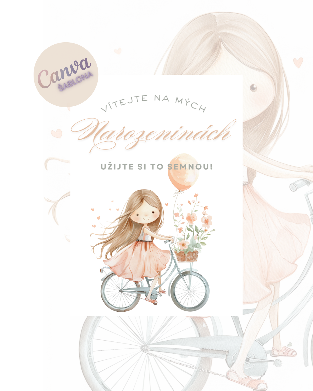 Digitální pozvánka – Holčička na kole v pastelových barvách 🚲🌸