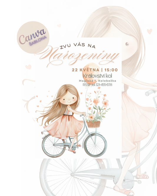 Digitální pozvánka – Holčička na kole v pastelových barvách 🚲🌸