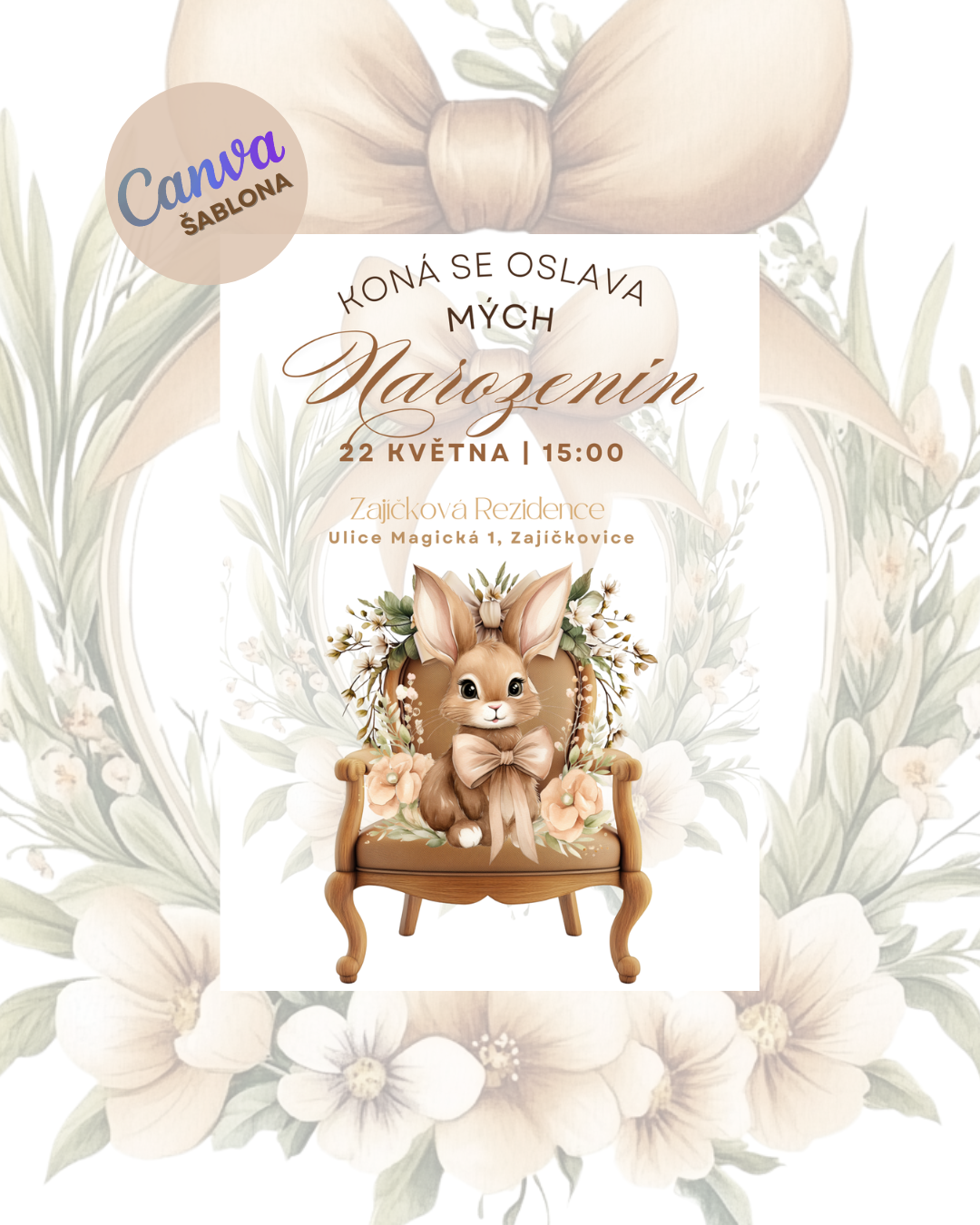 Digitální pozvánka – Roztomilý zajíček na křesle 🐰✨