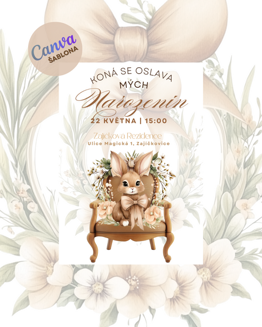 Digitální pozvánka – Roztomilý zajíček na křesle 🐰✨