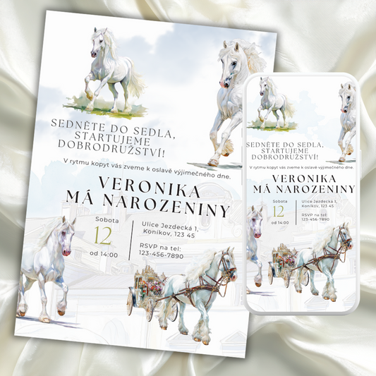 Digitální šablona narozeninové pozvánky - inspirována Národním Hřebčínem Kladruby