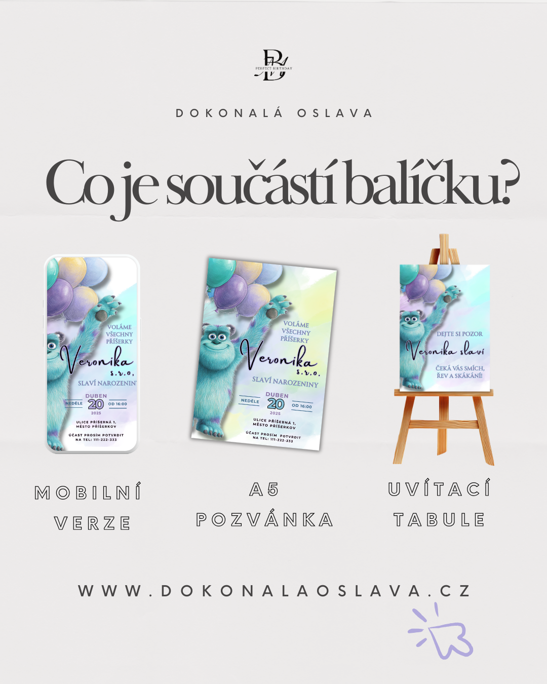 Digitální šablona narozeninové pozvánky - inspirována pohádkou Příšerky s.r.o.