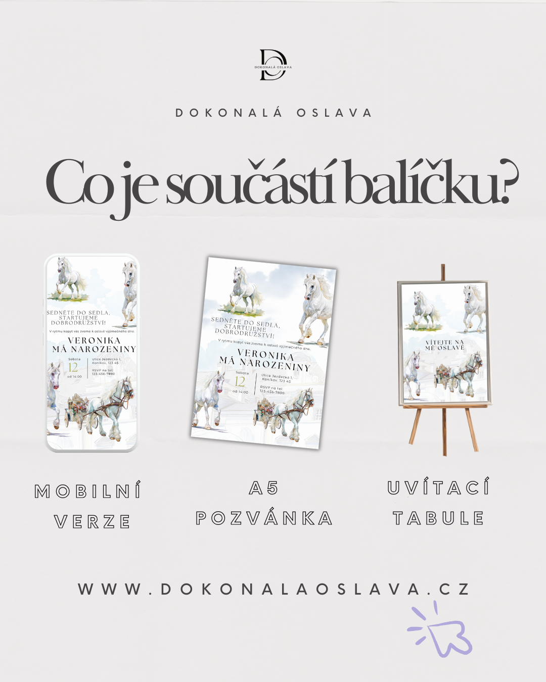 Digitální šablona narozeninové pozvánky - inspirována Národním Hřebčínem Kladruby