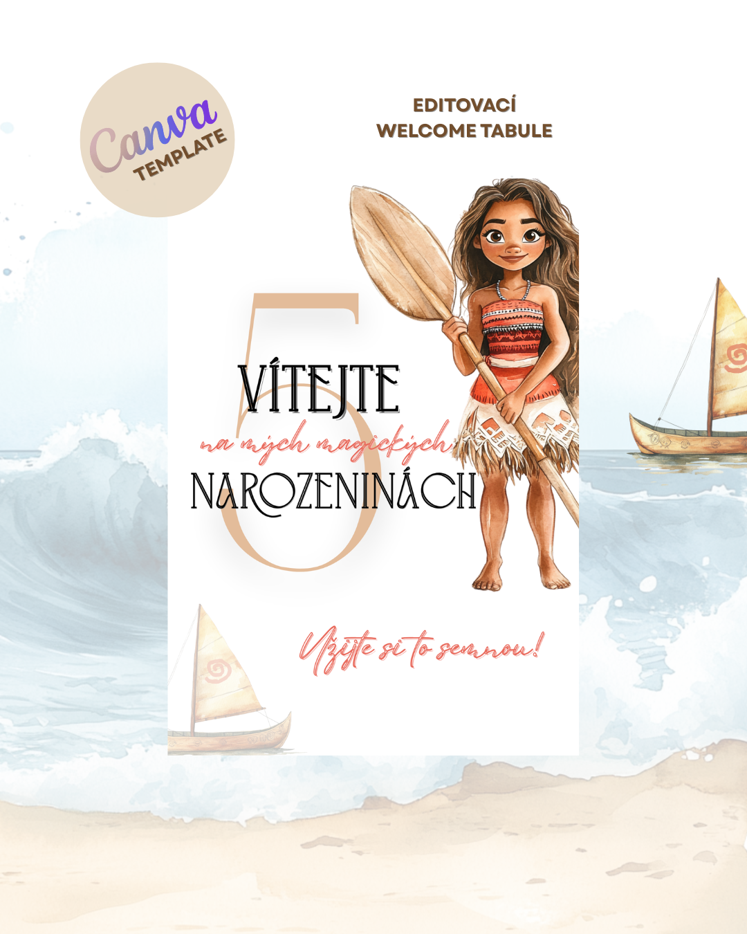 Digitální pozvánka – Vaiana (Moana) a kouzlo oceánu 🌊🌺 + uvítací tabule ZDARMA