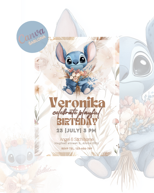 Digitální pozvánka – Stitch v boho stylu s pampasem 🌾💙