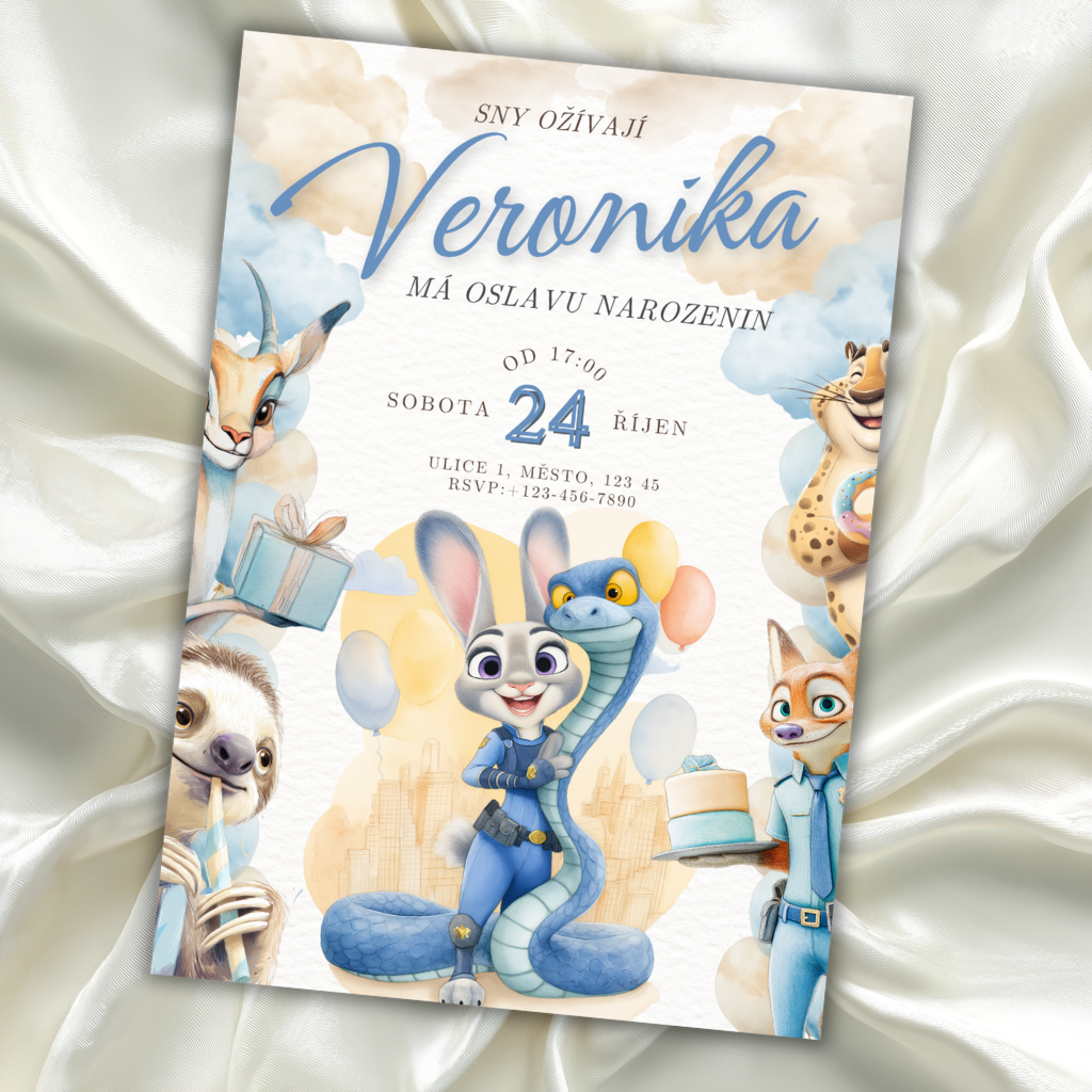 Digitální šablona narozeninové pozvánky - inspirována Zootropolisem