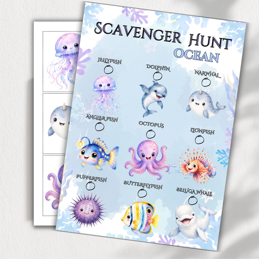 Digitální Scavenger hunt připravené k tisku v tématu oceán