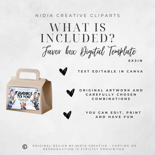 Digitální produkt - Zootopia krabička na dárečky, editovatelný Canva design