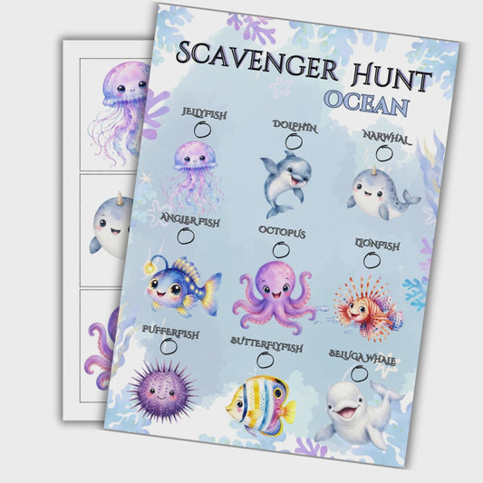 Digitální Scavenger hunt připravené k tisku v tématu oceán